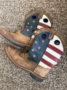 Kids Brown Leather Cowboy Boots with American Flag Shaft